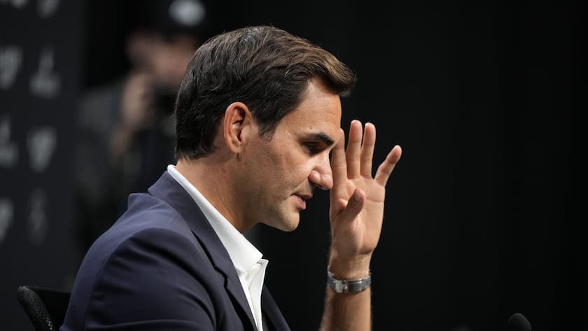 Switzerland's Roger Federer gestures during a media conference ahead of the Laver Cup tennis tournament at the O2 in London, Wednesday, Sept. 21, 2022. Federer will meet with the media Wednesday to discuss walking away from the game at age 41 after 20 Grand Slam titles. (AP Photo/Kin Cheung)