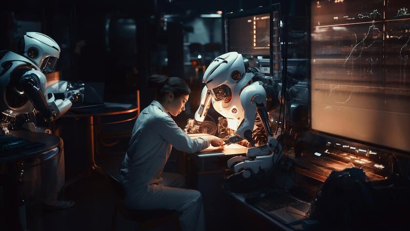 Gemeinsam mit der KI den Arbeitsalltag bestreiten: In vielen Schweizer Unternehmen bereits Realität. Dieses Bild wurde mit Hilfe des KI-Modells Midjourney erstellt und von einem Menschen überprüft.