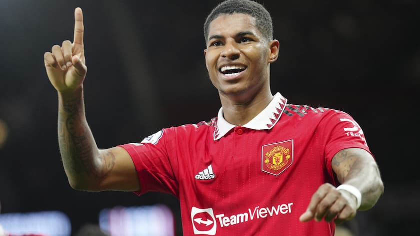 Manchester United's Marcus Rashford celebrates after scoring his side's opening goal during the English Premier League soccer match between Manchester United and West Ham United at Old Trafford stadium in Manchester, England, Sunday, Oct. 30, 2022. (AP Photo/Jon Super)