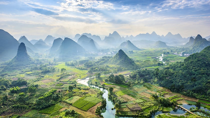 Landscape of Guilin, Li River and Karst mountains. Located near Yangshuo County, Guilin City, Guangxi Province, China.