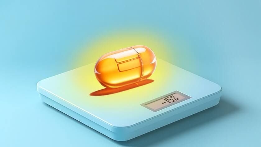 Nach der Spritze zum Abnehmen kommt nun die Schlankheitspille Montage HZ / Midjourney - Diet Pill on a Balance