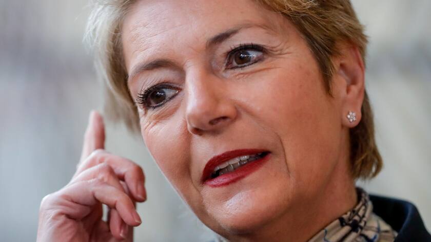 epa09798292 Swiss Federal Councillor Karin Keller-Sutter speaks to the press ahead of a Justice and Home Affairs Council on the response to the situation in Ukraine at the European Council in Brussels, Belgium, 03 March 2022. EPA/STEPHANIE LECOCQ