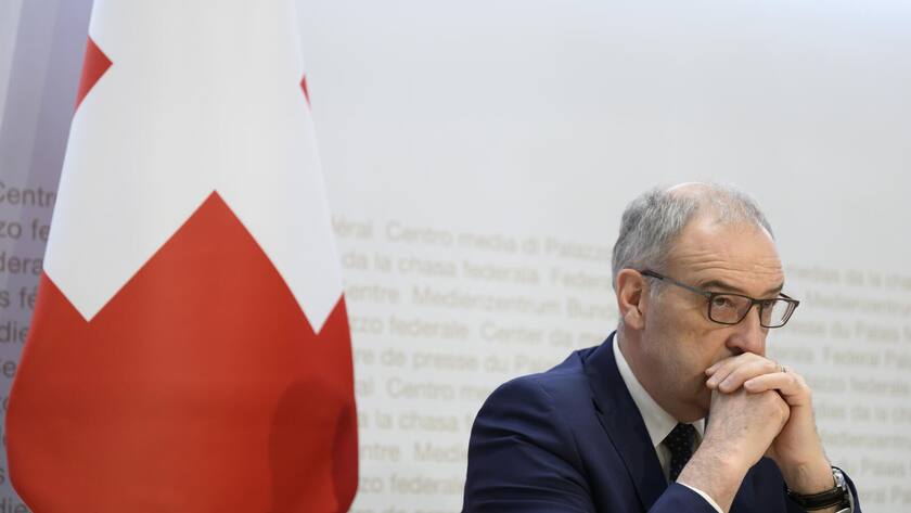 Bundesrat Guy Parmelin an einer Medienkonferenz ueber die Ukraine Krise, am Freitag, 4. Maerz 2022 in Bern. (KEYSTONE/Anthony Anex)