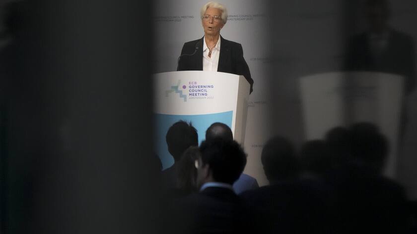 Christine Lagarde, European Central Bank President explains the Governing Council's monetary policy decisions during a press conference in Amsterdam, Netherlands, Thursday, June 9, 2022. The European Central Bank said it would carry out its first interest rate increase in 11 years in July, followed by another hike in September. The bank made the surprise move Thursday, saying that inflation had become a "major challenge" and that inflationary forces had "broadened and intensified." (AP Photo/Peter Dejong)