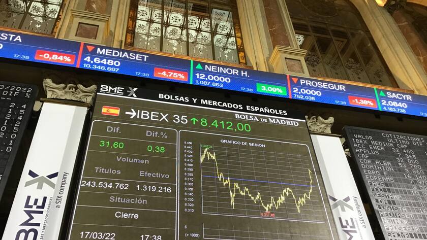 epa09831724 Screens display a chart with the evolution of index IBEX 35 at Madrid's Stock Exchange Market, Spain, 17 March 2022. The index IBEX 35 rose by 0.38 percent to reach 8,412 points at the end of the trading day. EPA/Vega Alonso
