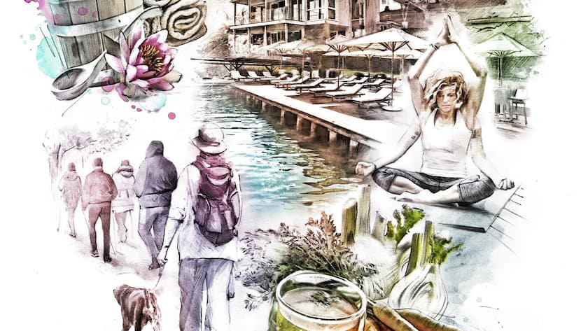 Die Illustration zur Kur im Kurhotel The Original FX Mayr am Wörthersee zeigt wandernde Gäste, eine Frau in Yoga-Stellung, das Hotel und einen Holzeimer.