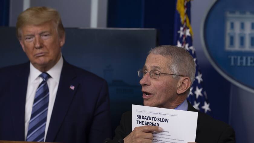 epa08344890 US President Donald Trump (L) listens Anthony Fauci (R), Director of the National Institute of Allergy and Infectious Diseases, speak during a coronavirus briefing at the White House in Washington, DC, USA, 05 April 2020. The next two weeks will be crucial in the United States' fight against the coronavirus, warn health officials, who are urging Americans to continue practicing social-distancing measures. EPA/Tasos Katopodis / POOL