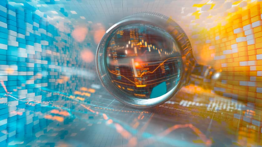 Market Analysis Focus: Magnifying Glass Over Detailed Financial Charts and Graphs