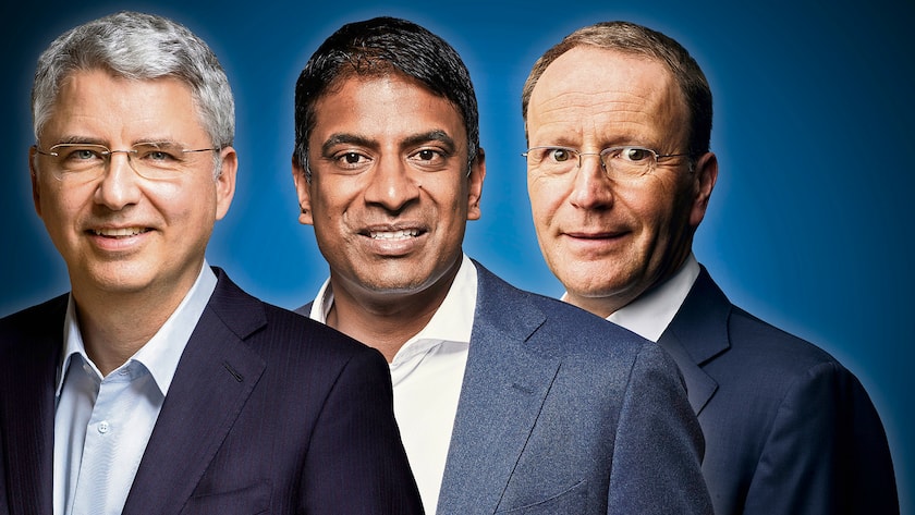 Die grössten Steuerzahler unter den Schweizer Firmen Severin Schwan, Roche, Vas Narasimhan, Novartis, Mark Schneider, Nestlé (von links).
