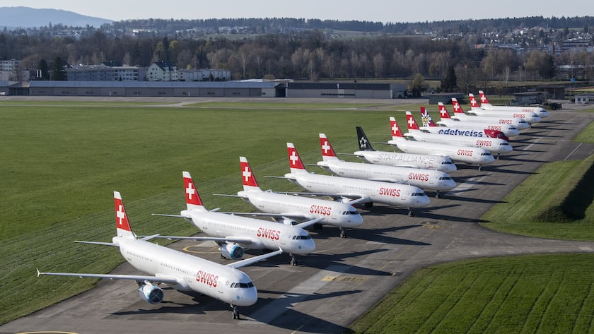 Parked planes of the airline Swiss at the airport in Duebendorf, Switzerland on Monday, 23 March 2020. The bigger part of the Swiss airplanes are not in use due to the outbreak of the coronavirus. (KEYSTONE/Ennio Leanza)
