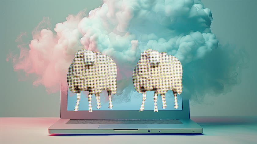 Geklonte Schafe vor einem Bildschirm