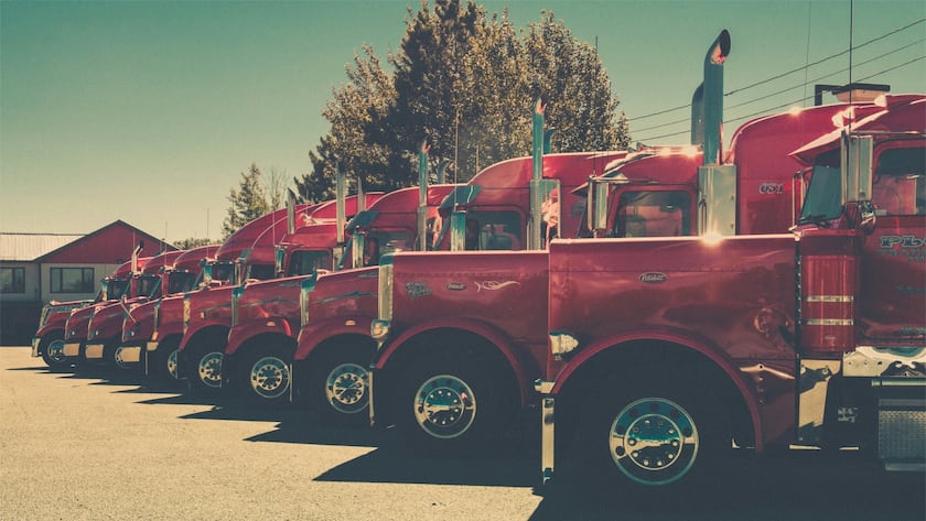 mehrere aufgereihte, rote Lastwagen