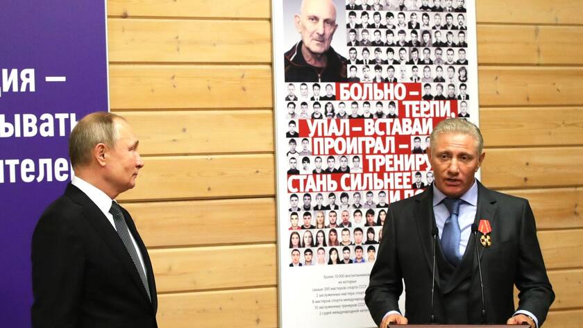 November 27, 2019. - Russia, Saint Petersburg. - Russian President Vladimir Putin left and Boris Rotenberg, co-owner and a member of the Board of Directors at SMP Bank, awarded the Alexander Nevsky order, during a ceremony to present state awards at the Turbostroitel judo club. KremlinxPool PUBLICATIONxINxGERxSUIxAUTxHUNxONLY