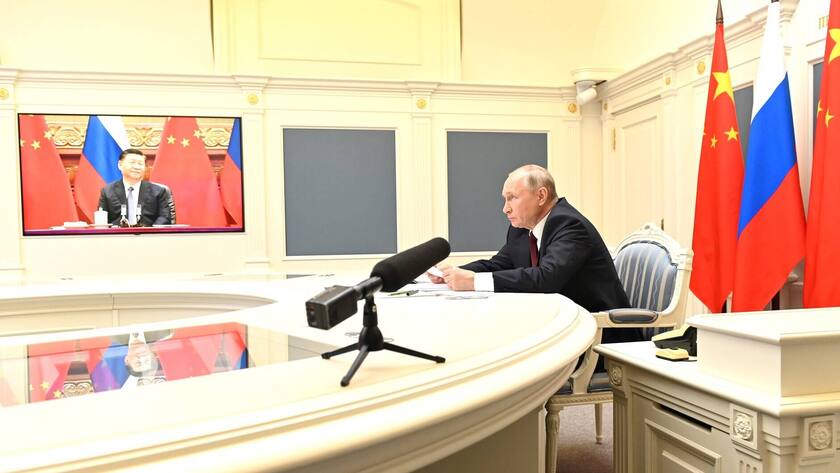 June 28, 2021. - Russia, Moscow. - Russian President Vladimir Putin during a video conference meeting with Chinese President Xi Jinping at the Moscow Kremlin. KremlinxPool