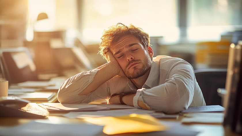 Mann schläft bei der Arbeit im Büro