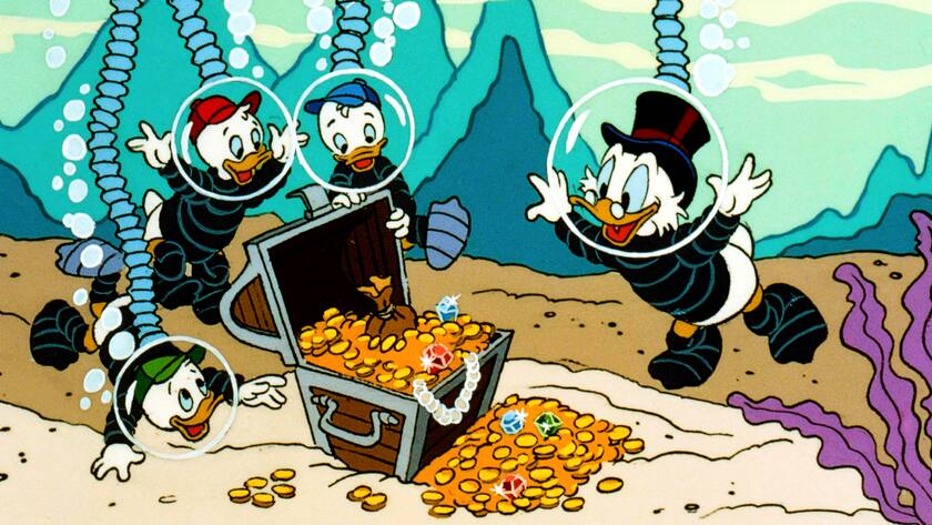 Die reichste Ente der Welt auf Schatzsuche: Milliardär Dagobert Duck mit seinen Grossneffen Tick, Trick und Track.