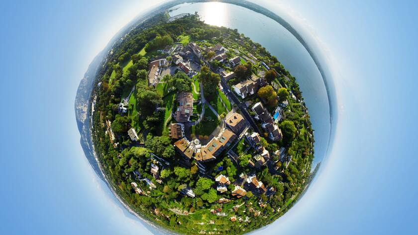 This 360° aerial photo was taken above Place Manoir, Cologny, Geneva and exported in little planet format.