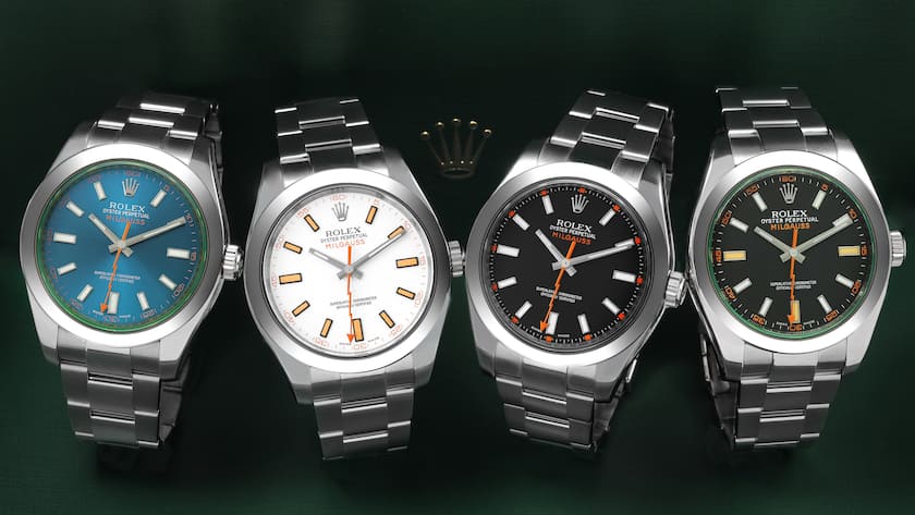 Vier Milgauss-Modelle von Rolex nebeneinander mit je einem türkisen, weissen, schwarzen und dunkelgrünen Zifferblatt.
