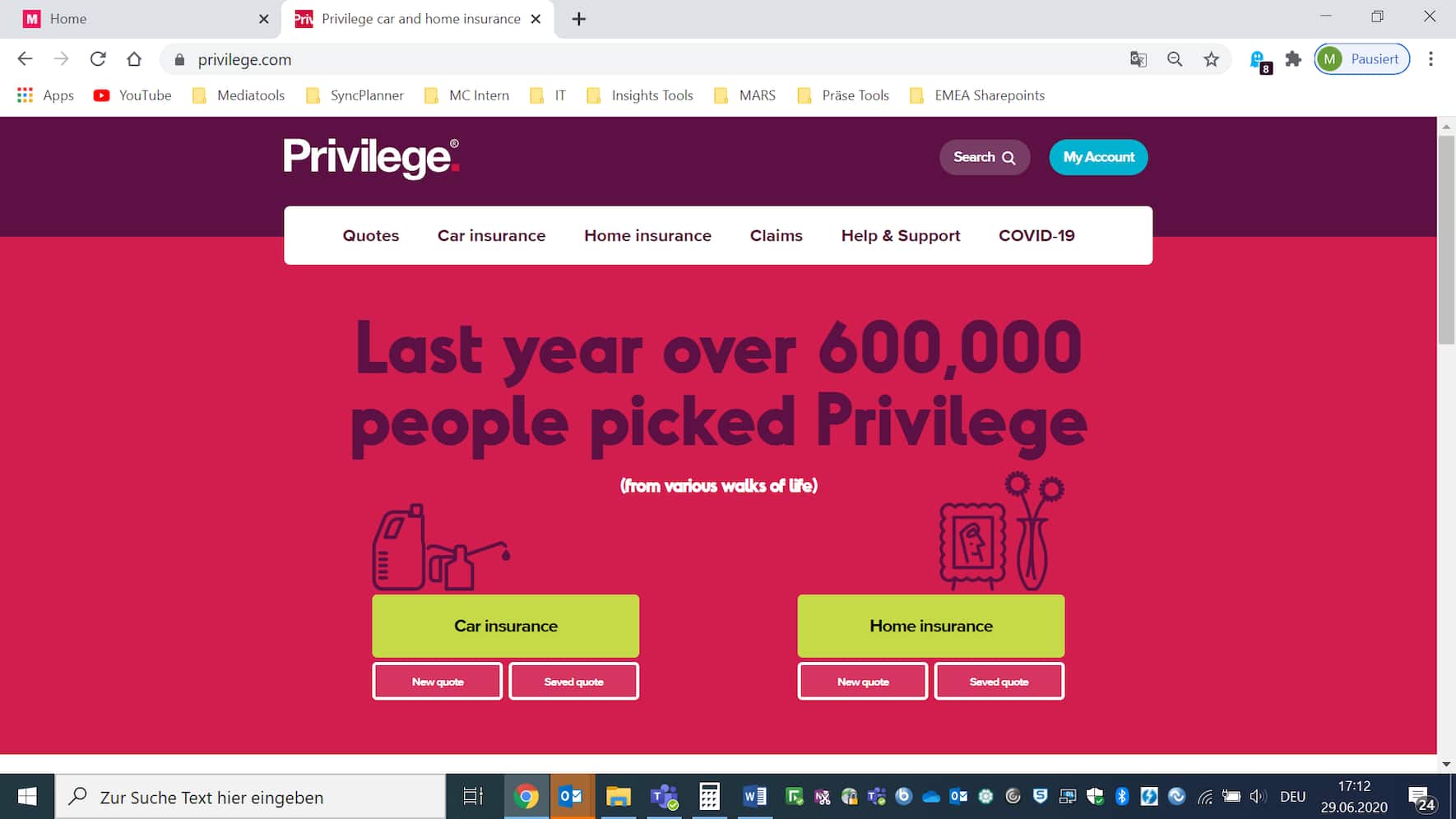 Rationale Privilege Insurance Website, Stand: 25.05.2020