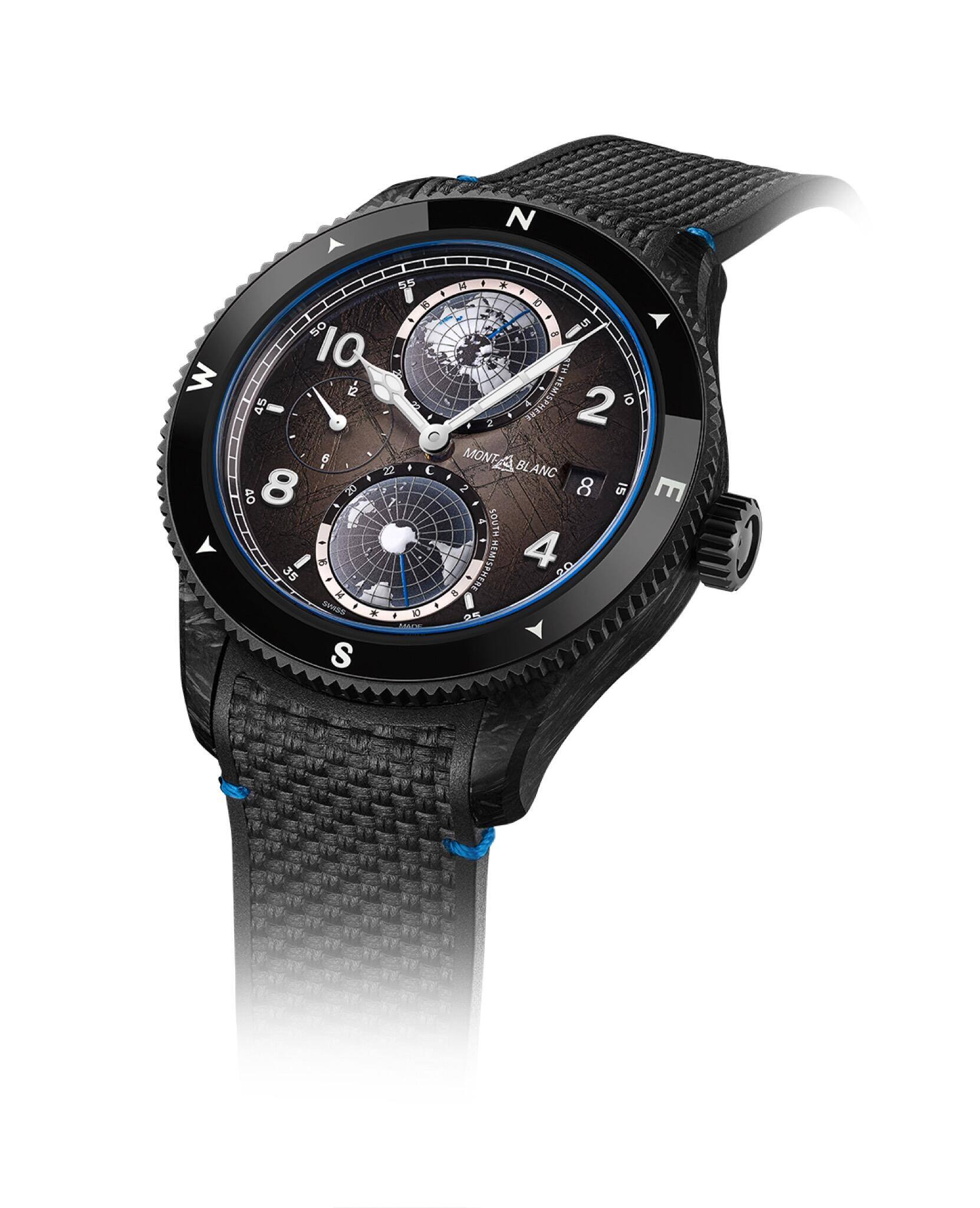 Montblanc: Die Automatikuhr 1858 Geosphere Carbo2 0 Oxygen zeigt nicht nur eine zweite Zeitzone, sondern bietet auch eine Weltzeitkomplikation. Fr. 8600.–