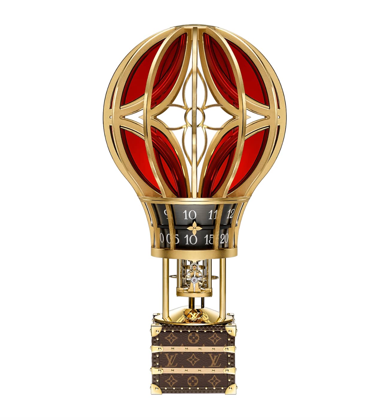 Tischuhr Montgolfière Aéro: Ein Heissluftballon transportiert den kleinsten jemals von Louis Vuitton gestalteten Koffer, in dem ein mechanisches Uhrwerk arbeitet.
