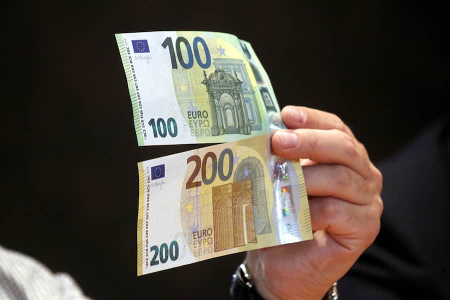 epa07596699 A view of new euro banknotes in Riga, Latvia, 24 May 2019. Latvia will be launching new 100 euro and 200 euro banknotes On 28th May 2019. These are the latest European series of banknotes with refurbished design and advanced security features. EPA/Toms Kalnins
