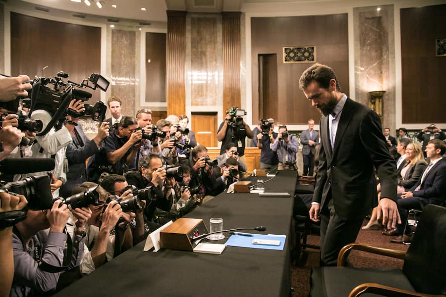 WASHINGTON, DC - SEPTEMBER 05: Twitter chief executive officer Jack Dorsey testifies during a House Committee on Energy and Commerce hearing about Twitter's transparency and accountability, on Capitol Hill, on September 5, 2018 in Washington, DC. Earlier in the day, Dorsey faced questions from the Senate Intelligence Committee about how foreign operatives use their platforms in attempts to influence and manipulate public opinion. (Photo by The Asahi Shimbun via Getty Images)