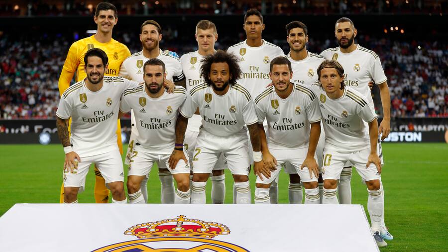 Thibaut Courtois of Real Madrid, Dani Carvajal of Real Madrid, Raphael Varane of Real Madrid, Sergio Ramos of Real Madrid, Marcelo Vieira of Real Madrid, Luka Modric of Real Madrid, Toni Kroos of Real Madrid, Isco Alarcon of Real Madrid, Marco Asensio of Real Madrid, Karim Benzema of Real Madrid and Eden Hazard of Real Madrid look on during the 2019 International Champions Cup match between FC Bayern Muenchen and Real Madrid at NRG Stadium on July 20, 2019 in Houston, Texas. (Photo by TF-Images/Getty Images