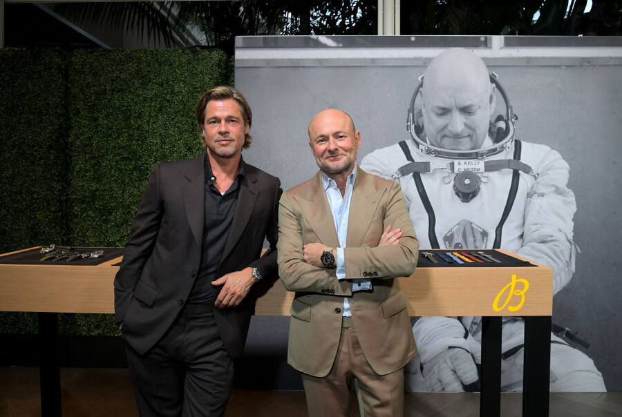 LOS ANGELES, CALIFORNIA - SEPTEMBER 24: Brad Pitt and Breitling CEO, Georges Kern pose for photo during the Breitling Summit on September 24, 2019 in Los Angeles, California. (Photo by Charley Gallay/Getty Images for Breitling)