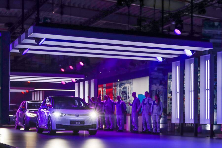 ZWICKAU, GERMANY - NOVEMBER 04: General view at the production start for the new ID.3 at Volkswagen Werk Zwickau on November 4, 2019 in Zwickau, Germany. (Photo by Franziska Krug/Getty Images for Volkswagen AG)