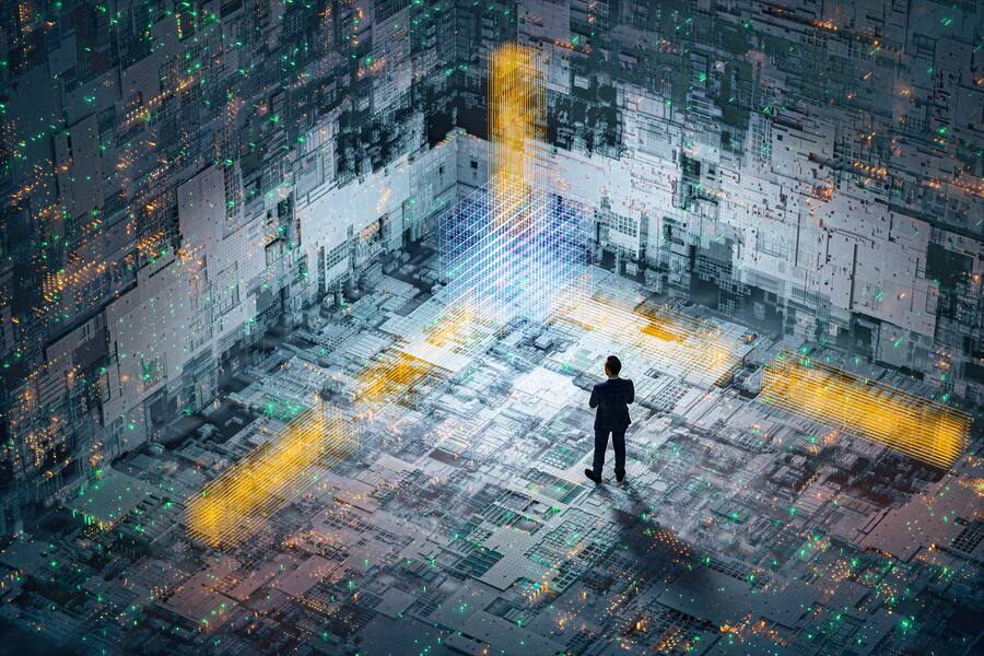 Abstract technology background image with standing businessman. This is entirely 3D generated image.