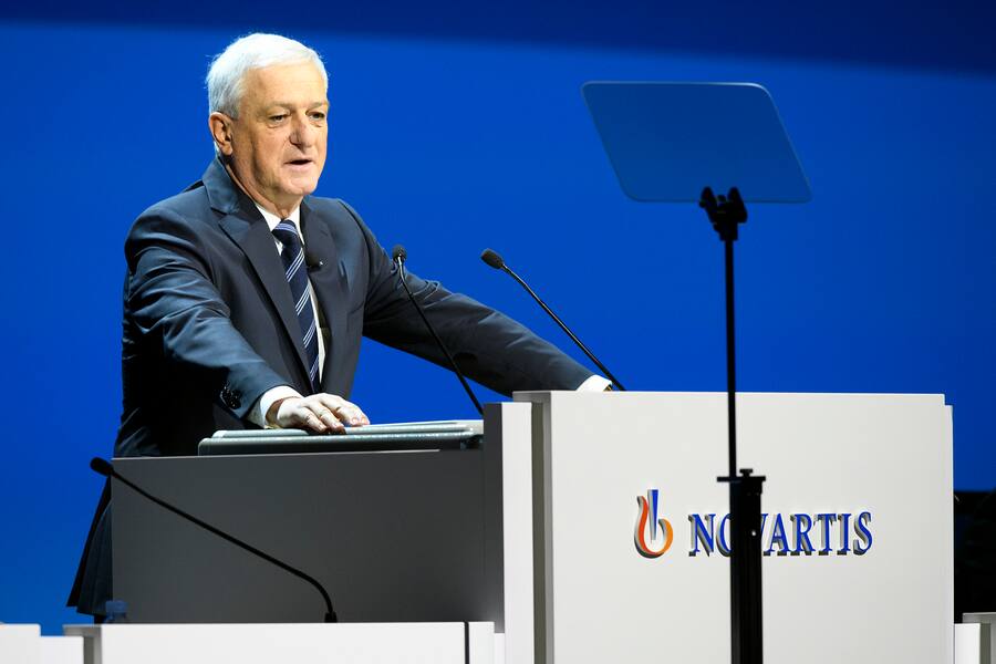Joerg Reinhardt, Chairman of the Board of Directors speaks during the general assembly of Swiss Pharma group Novartis, at the St. Jakobshalle in Basel, Switzerland, this Friday, March 2, 2018. (KEYSTONE/Anthony Anex)