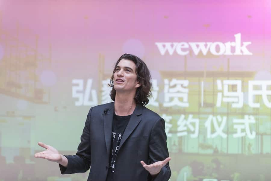 SHANGHAI, CHINA - APRIL 12:  Adam Neumann, co-founder and chief executive officer of WeWork, speaks during a signing ceremony at WeWork Weihai Road flagship on April 12, 2018 in Shanghai, China. World's leading co-working space company WeWork will acquire China-based rival naked Hub for 400 million U.S. dollars.  (Photo by Jackal Pan/VCG via Getty Images)