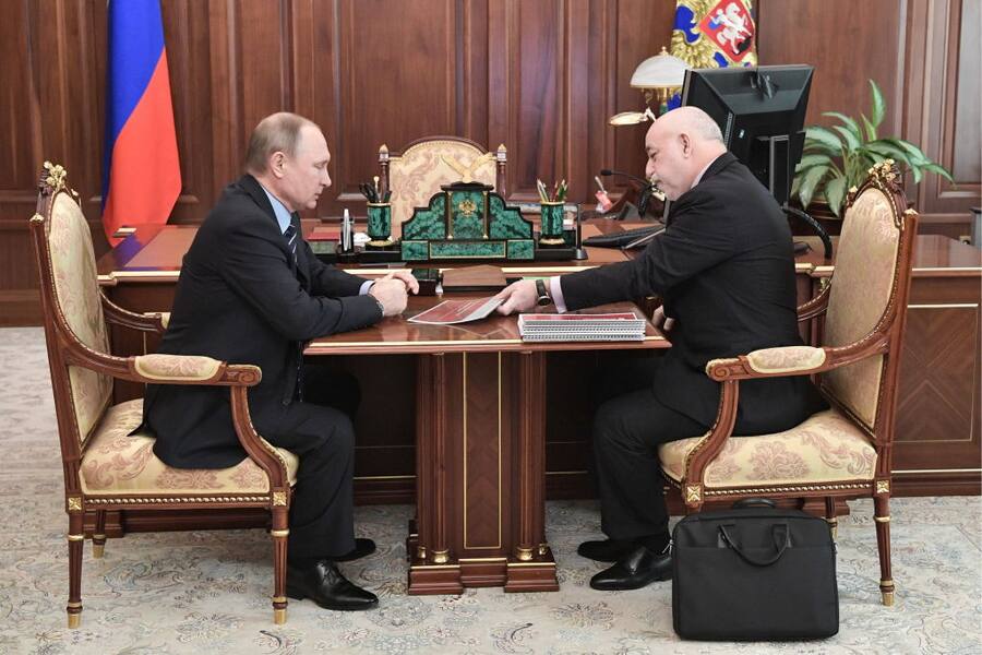 MOSCOW, RUSSIA - MARCH 14, 2017: Russia's President Vladimir Putin (L) and Renova Group Board Chairman and Skolkovo Foundation President Viktor Vekselberg, meet at Moscow's Kremlin. Alexei Nikolsky/Russian Presidential Press and Information Office/TASS (Photo by Alexei Nikolsky\TASS via Getty Images)