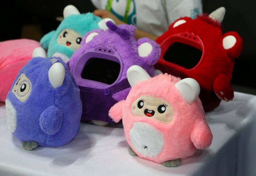 Woobo Inc. displays their stuffed animal interactive companion robots for kids that can answer questions and has other educational content, shown here at the CES Unveiled at CES International Sunday, Jan. 6, 2019, in Las Vegas. (AP Photo/Ross D. Franklin)