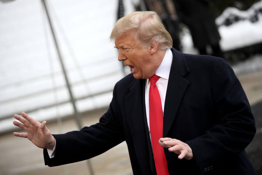 WASHINGTON, DC - JANUARY 14: U.S. President Donald Trump answers questions from the press as he departs the White House January 14, 2019 in Washington, DC. Trump is scheduled to travel to New Orleans today to address the American Farm Bureau Federationâs 100th annual convention. (Photo by Win McNamee/Getty Images)
