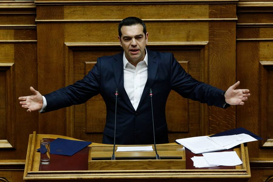 epa07290744 Greek Prime Minister Alexis Tsipras delivers his speech during a debate on the vote of confidence in the government, in the parliament's plenum, in Athens, Greece, 16 January 2019. Greek deputies will be called to give their vote of confidence in the government on 16 January midnight, after a two-day debate in parliament.  EPA/YANNIS KOLESIDIS
