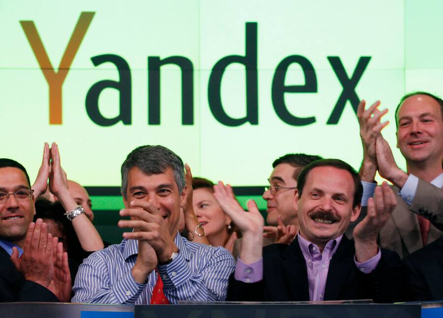 Arkady Volozh, CEO of Yandex, celebrates the initial public offering of his company at the Nasdaq MarketSite, Tuesday, May 24, 2011 in New York. Yandex is a Russian internet search company. (AP Photo/Richard Drew)