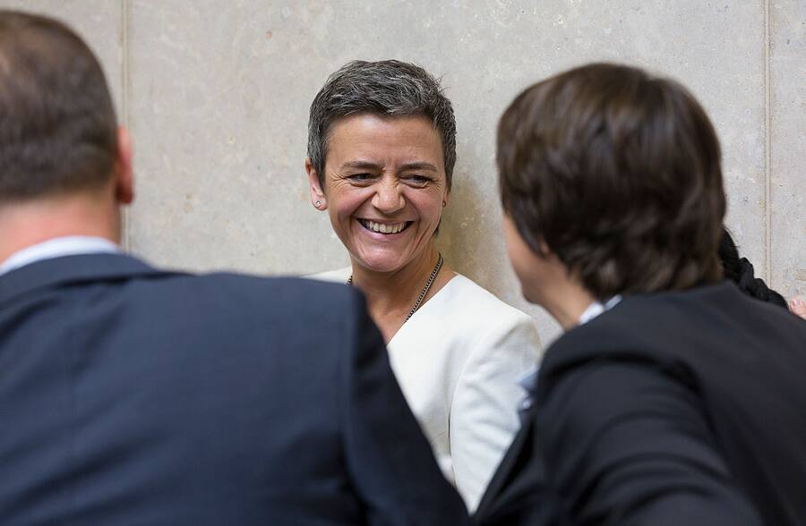 Brussels, Belgium, May 6, 2015. -- EU Competition Commissioner Margrethe Vestager (C) is talking with colleagues prior an EU Commission college meeting in the Berlaymont, the European Union Commission headquarters. (Photo by Thierry Tronnel/Corbis via Getty Images)