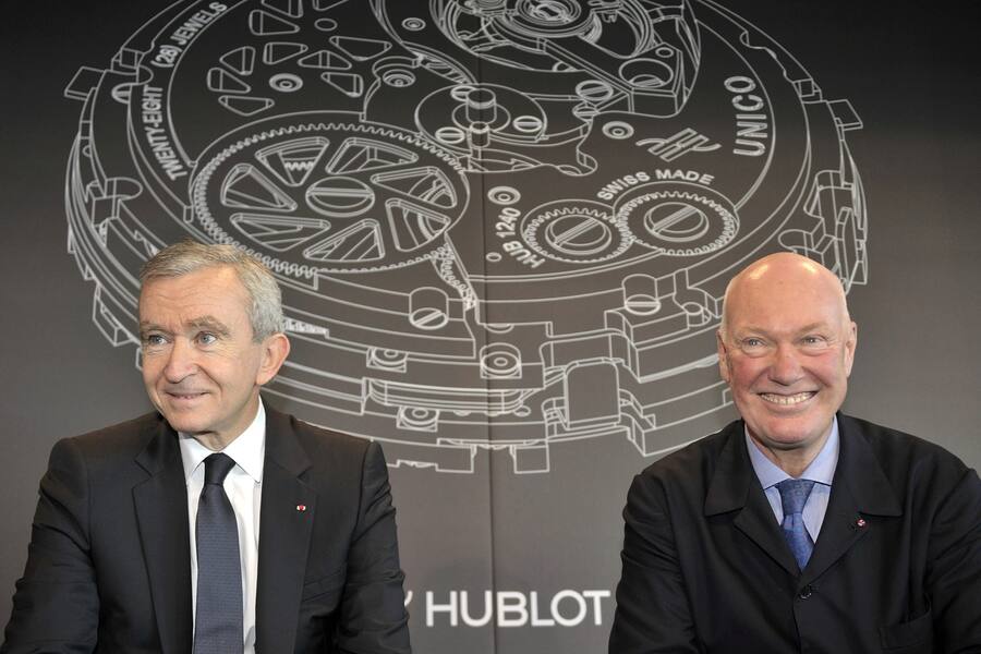 Left to right Bernard Arnault, Chairman and Chief Executive Officer  of LVMH, with Jean-Claude Biver CEO of Hublot, during the inauguration ceremony of their new manufacture and the Les Hublotins in Nyon Switzerland, on Thursday 5 November 2009. (KEYSTONE/PHOTOPRESS/Sandro Campardo)