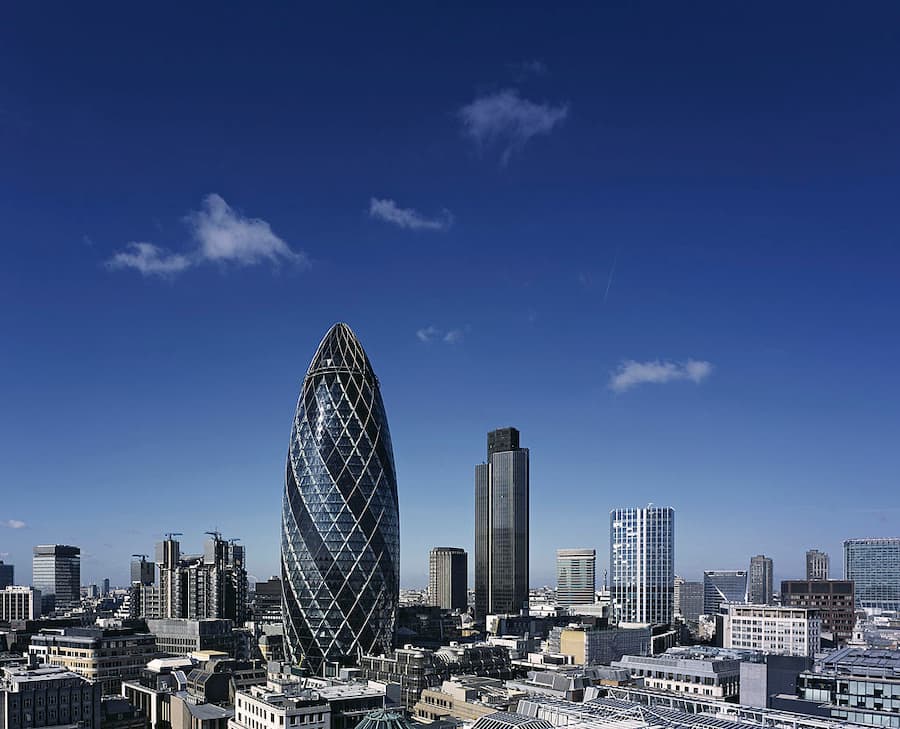 30 St Marys Axe The Gherkin Swiss Re, London, United Kingdom, Architect Foster And Partners, 2004, Swiss Re Tower St Mary Axe Gherkin London Skyline With Lloyd?S Natwest And Other Towers (Photo By View Pictures/UIG via Getty Images)