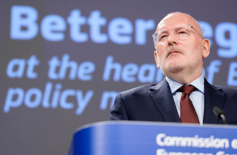 BRUSSELS, BELGIUM - APRIL 15, 2019 : First Vice-President of the European Commission Frans Timmermans is talking to media about Better regulation taking stock and sustaining our commitment in the Berlaymont, the EU Commission headquarter on April 15, 2019. Frans TImmermans is the « Spitzenkandidat » for the Party of European Socialists (PES), the social-democratic European political party (S&D). (Photo by Thierry Monasse/Getty Images)