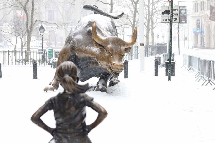 NEW YORK, NY - MARCH 14: Snow accumulates on 'The Fearless Girl' statue during a blizzard on March 14, 2017 in New York City. A blizzard is forecast to bring more than a foot of snow and high winds to up to eight states in the Northeast region as New York and New Jersey are under a state of emergency. School districts across the entire region were closed and thousands of flights were canceled. (Photo by William Volcov/Brazil Photo Press/LatinContent via Getty Images)