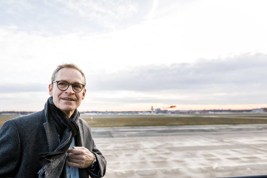 BERLIN, GERMANY - DECEMBER 17: Berlin Mayor Michael Mueller poses on the tower of Tegel Airport on December 17, 2019 in Berlin, Germany. Tegel Airport is to close once Berlin's new, long-awaited Willy Brandt Berlin Brandenburg International Airport opens, currently scheduled for October, 2020. (Photo by Carsten Koall/Getty Images)