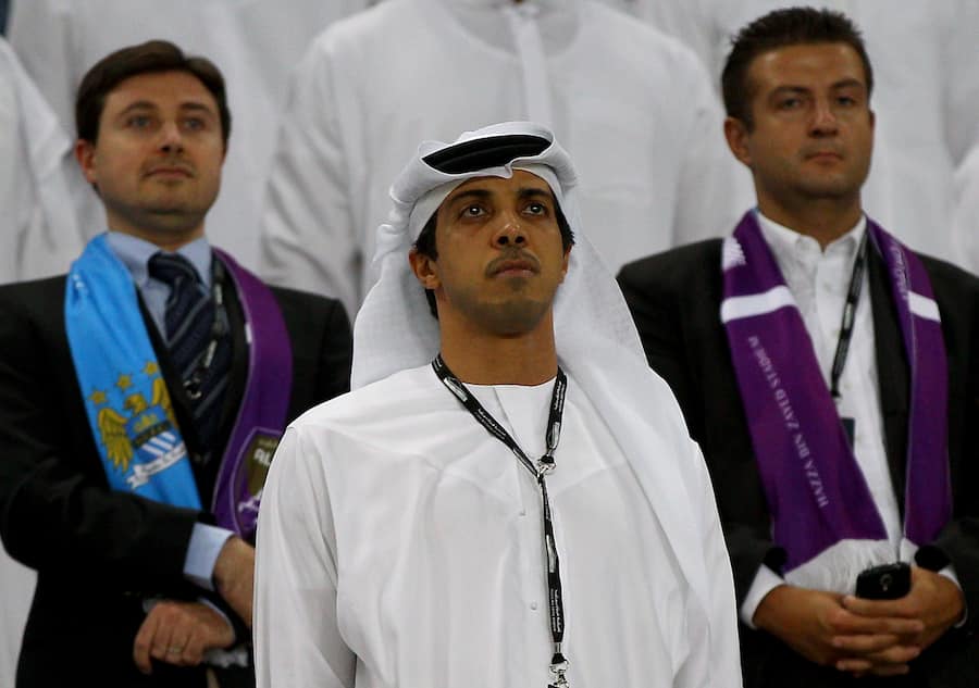 AL AIN, UNITED ARAB EMIRATES - MAY 15: Manchester City owner Sheikh Mansour bin Zayed Al Nahyan are pictured during the friendly match between Al Ain and Manchester City at Hazza bin Zayed Stadium on May 15, 2014 in Al Ain, United Arab Emirates. (Photo by Francois Nel/Getty Images)