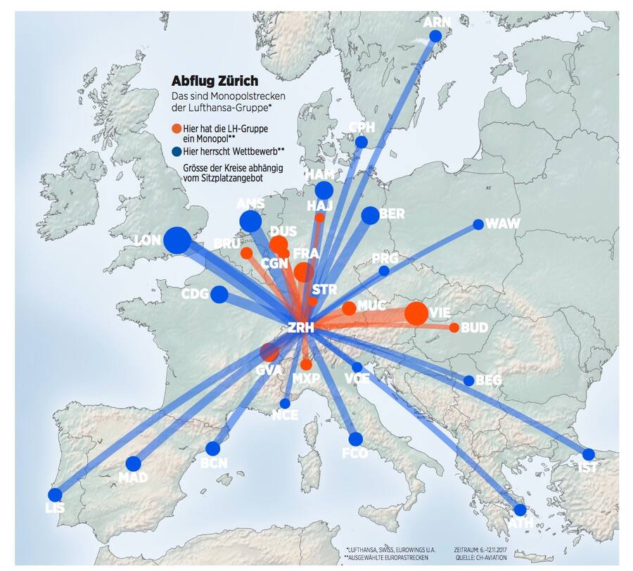 Strecken von Zürich nach Europa im Winter 2017