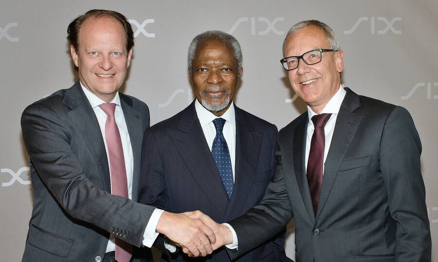 Jos Dijsselhof, CEO, SIX; Kofi Annan, ehemaliger UNO-Generalsekretär und Friedensnobelpreisträger; Romeo Lacher, Präsident, SIX