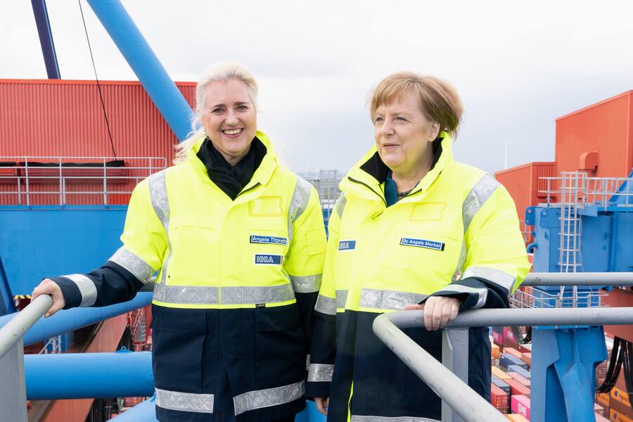 HAMBURG, GERMANY - MAY 6: Angela Titzrath and Chancellor Angela Merkel on a container bridge during the Chancellor's visit to the Hamburger Hafen and Logistik AG Container Terminal Altenwerder on May 6, 2019 in Hamburg, Germany. (Photo by Chris Emil Janssen - Pool /Getty Images)
