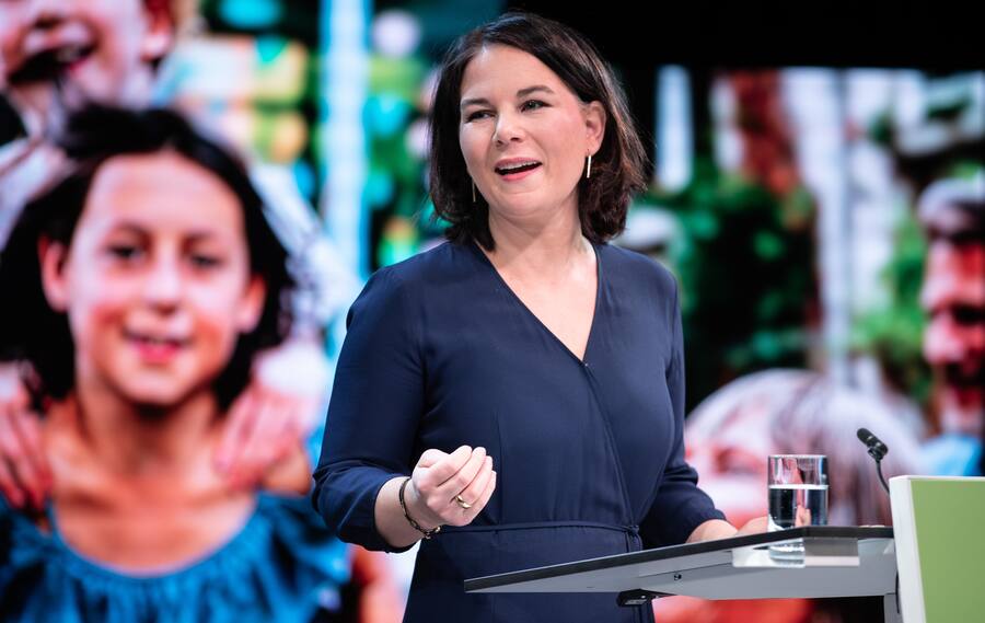BERLIN, GERMANY - APRIL 19: Greens Party co-chair Annalena Baerbock speaks after being introduced as chancellor candidate in the Malzfabrik on April 19, 2021 in Berlin, Germany. Baerbock will run as Germany's Greens Partyâs candidate to succeed Angela Merkel as chancellor in Septemberâs general election. (Photo by Andreas Gora - Pool/Getty Images)