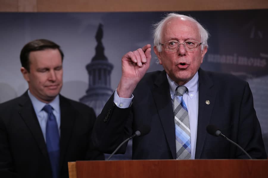 WASHINGTON, DC - JANUARY 30: Sen. Bernie Sanders (I-VT) speaks during a press conference at the U.S. Capitol January 30, 2019 in Washington, DC. Sanders and other members of the U.S. Senate and House of Representatives called for the reintroduction of a resolution âto end U.S. support for the Saudi-led war in Yemenâ during the press conference. Also pictured is Sen. Chris Murphy (D-CT). (Photo by Win McNamee/Getty Images)